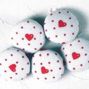 Set of 5 - White w/ Red Heart & Polka Dots Fabric Covered Buttons w/ Shanks - 3/4&quot;